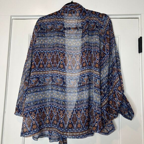 Free People Solstice Shimmer Tie Front Kimono Geometric Blue Shimmer - Picture 5 of 8